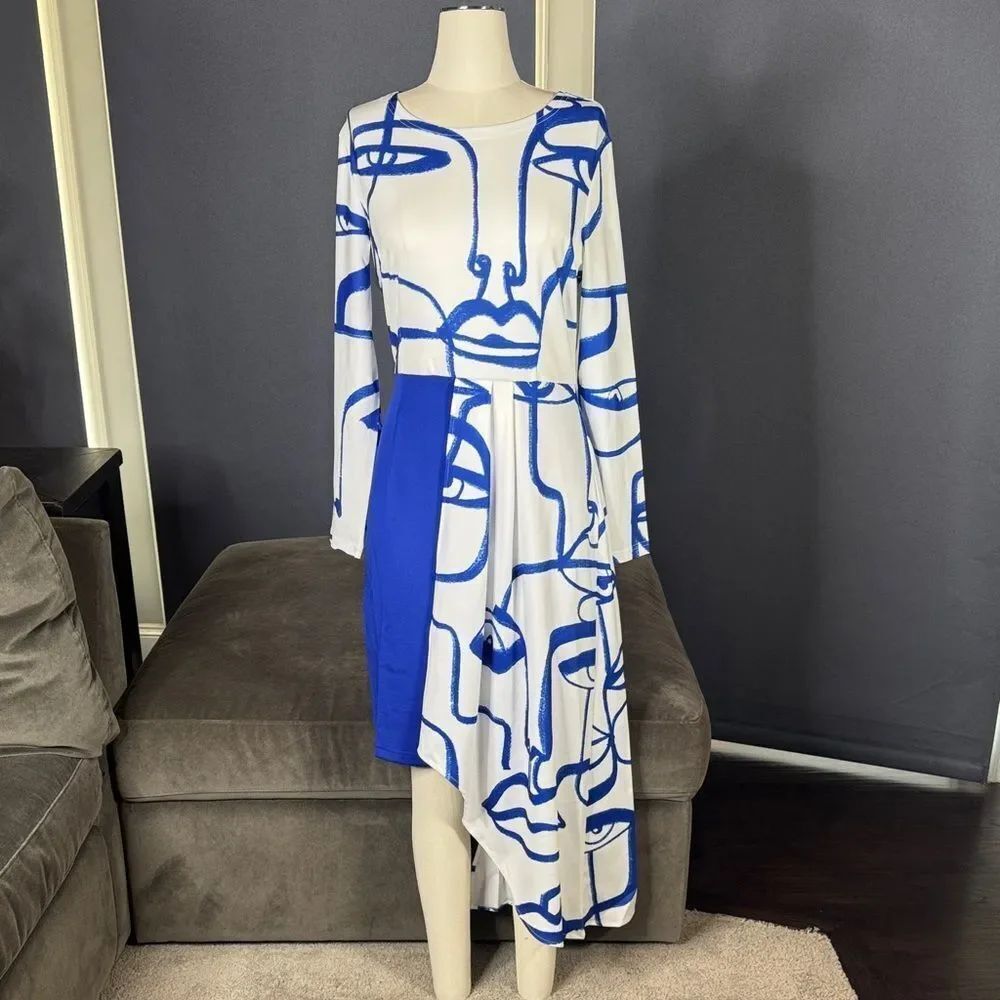 Women’s Abstract Blue & White Long Sleeve Midi Dress Irregular Hem Size M NEW
